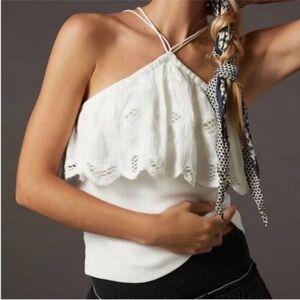 ANTHROPOLOGIE | White Ruffled Halter Crochet Top